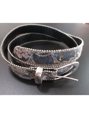 Womens Western Leather Belt w/Silver Buckle & Bead Trim Colorful Lacey Glitter L